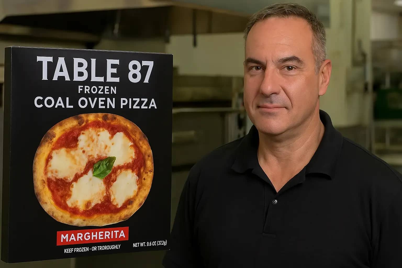 Table 87 founder Thomas Cucco with frozen coal oven pizza product featured on Shark Tank