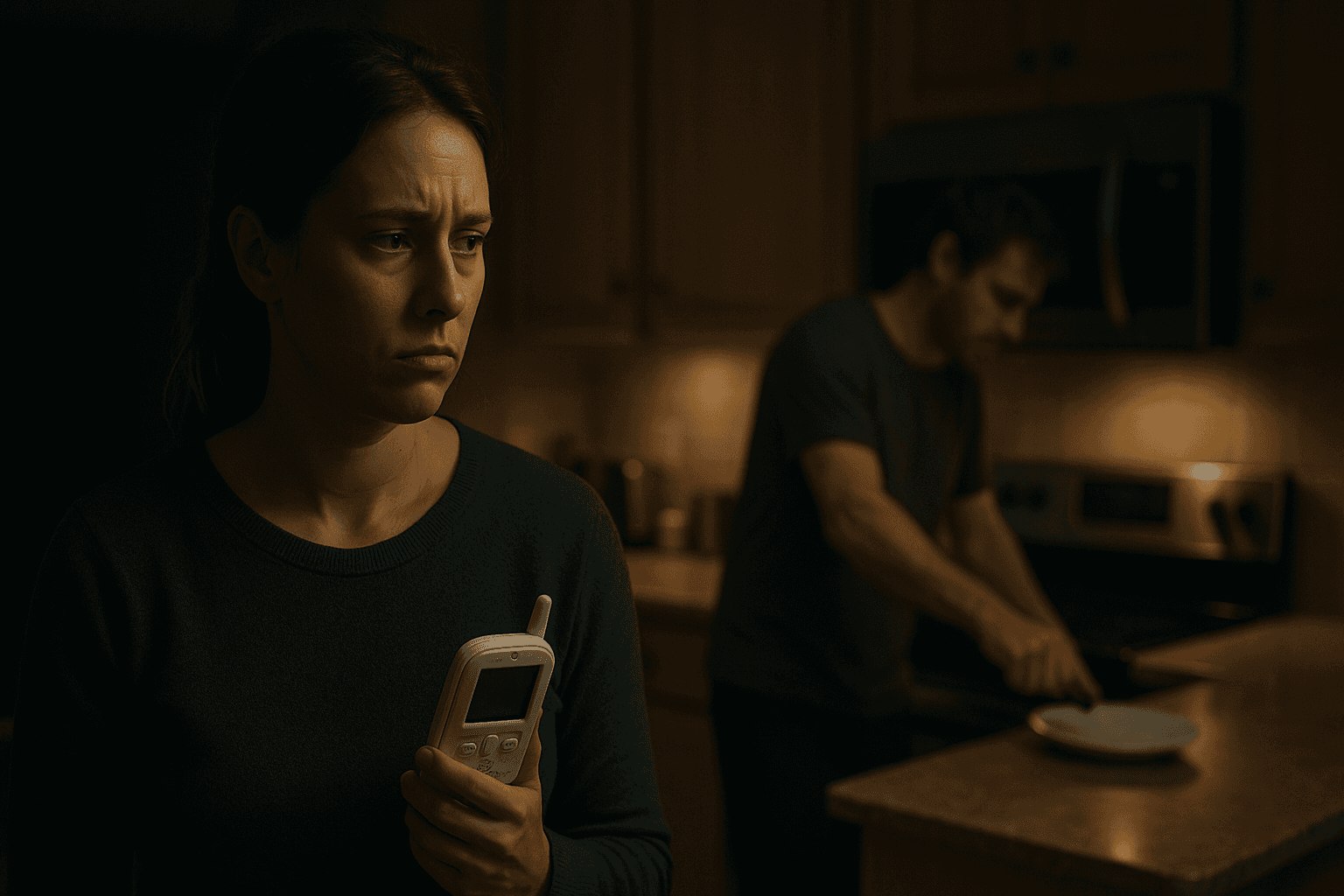 Mother stressed with baby monitor while husband makes noise in kitchen at night.