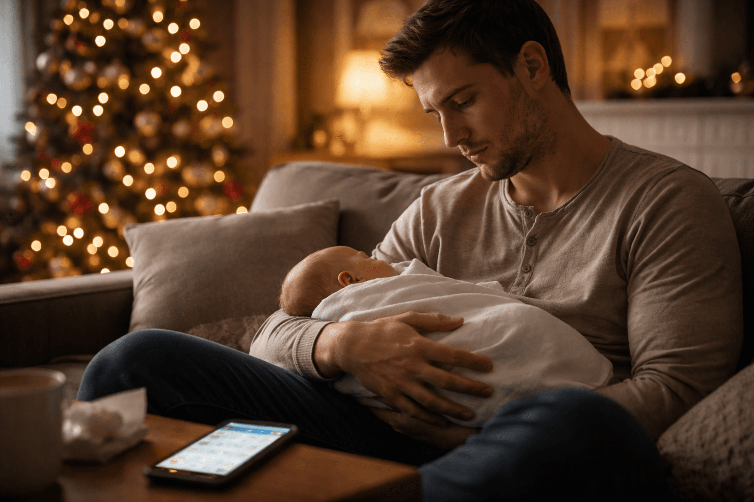 Father holding his newborn baby on a couch beside a glowing Christmas tree.