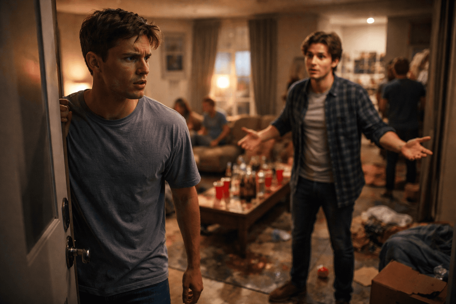 Angry man confronting his brother in a messy apartment after a loud house party.