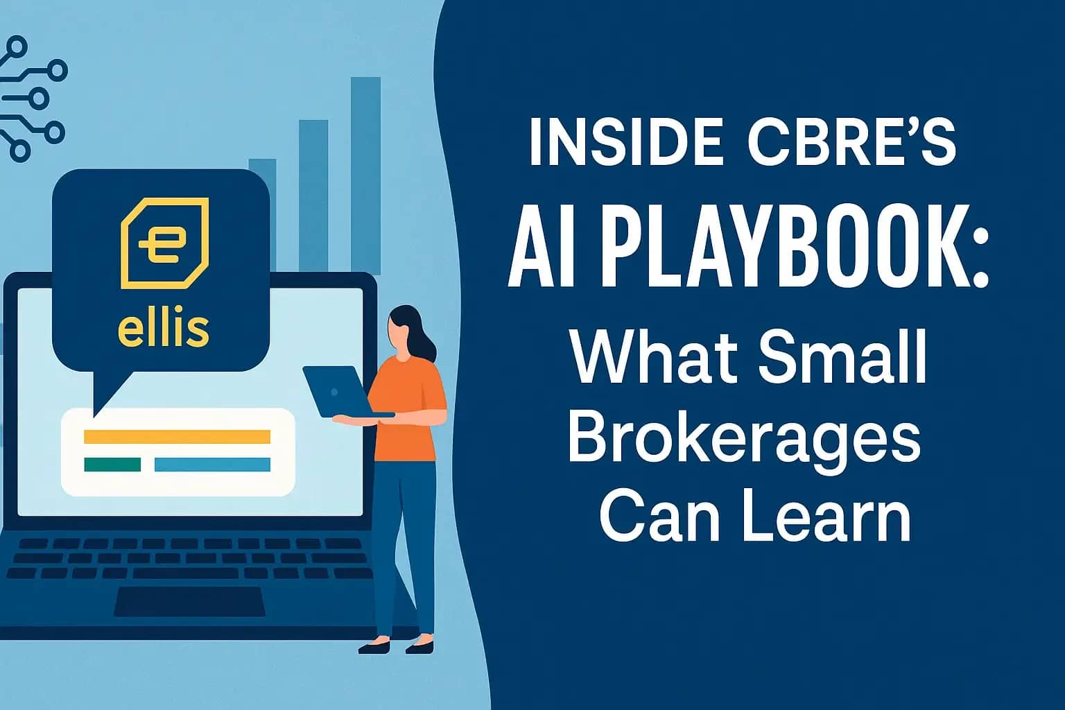 Illustration titled "The AI Divide in Real Estate: Inside CBRE's AI Playbook" showing a classical building icon with AI chat bubble.