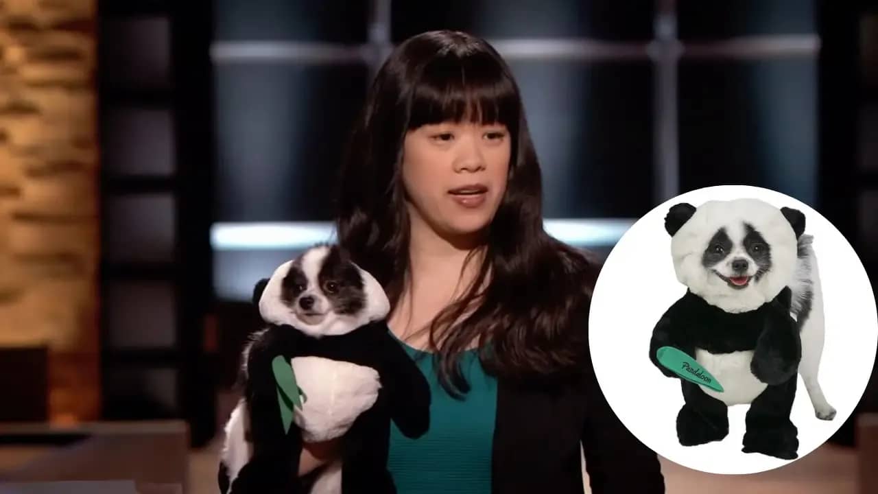 “Eugenia Chen presenting Pandaloon’s panda dog costume on Shark Tank, holding her Pomeranian in costume, with product images showing the brand’s expanded line.”