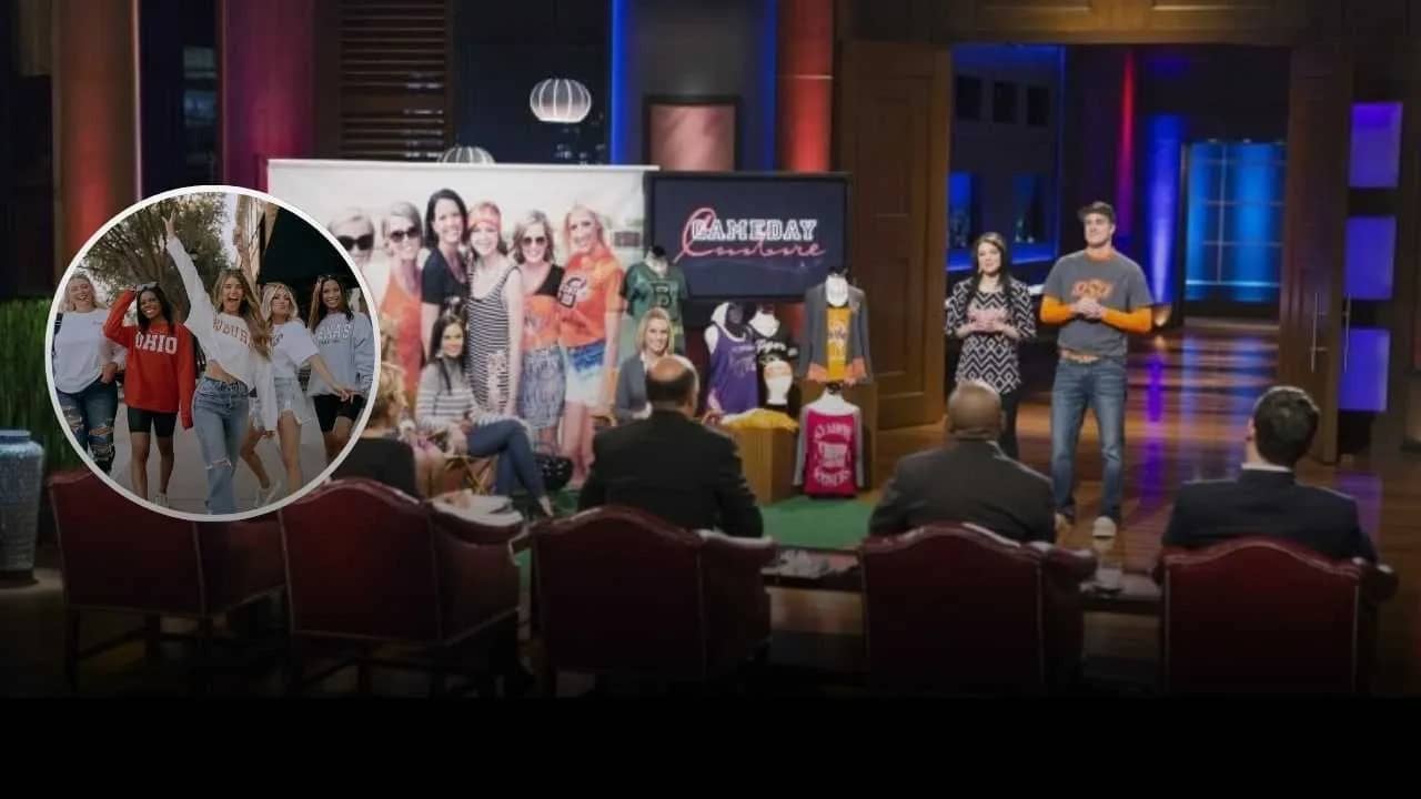 Gameday Couture founders pitch collegiate fashion apparel on Shark Tank with mannequins and marketing visuals