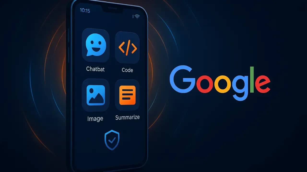 Smartphone screen showing Google's AI Edge app features like chat, code, image generation, and summarization, with Google logo on dark background.