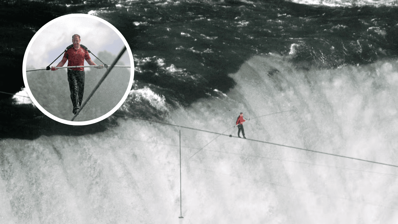 Nik Wallenda walking on a tightrope over Niagara Falls during his live 2012 stunt without a safety net