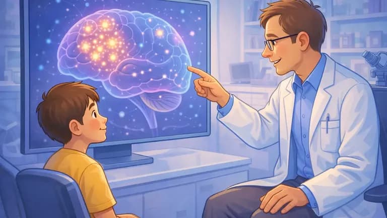 Cartoon illustration of a doctor showing a patient a glowing brain map that highlights early glial progenitor cell changes linked to brain cancer.