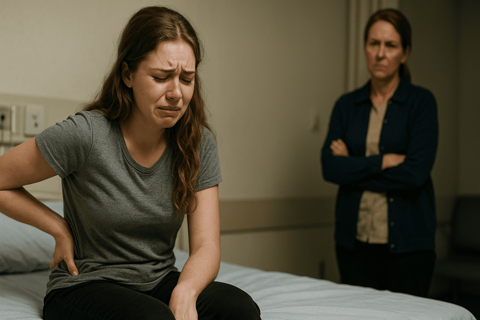 Teen girl in pain holding her back while her mother stands behind looking frustrated in a hospital room.