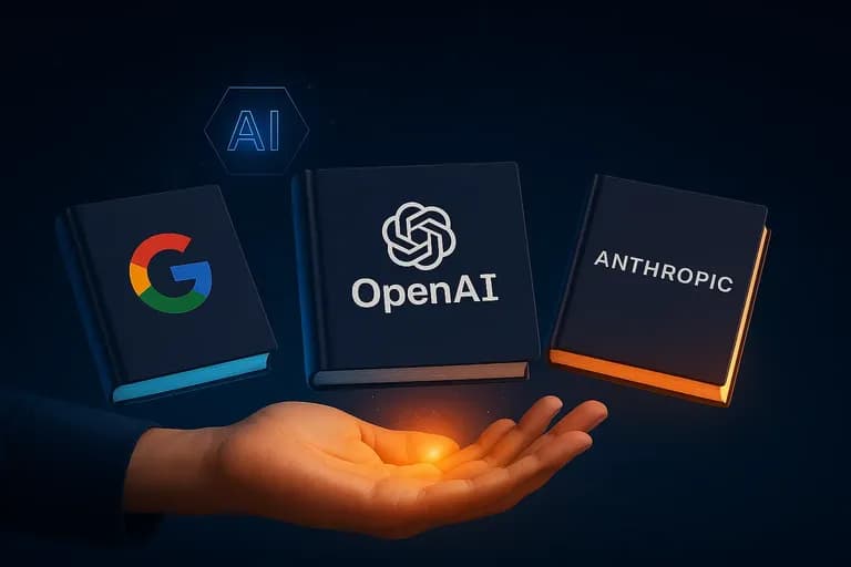 Hand holding glowing books labeled Google, OpenAI, and Anthropic with futuristic AI background, representing free AI guides.