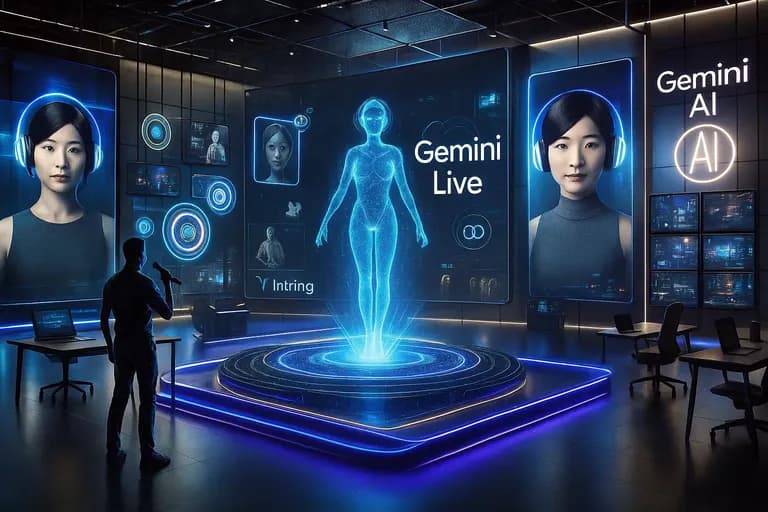 Futuristic Gemini Live control room with AI hologram and real-time voice interaction by Google