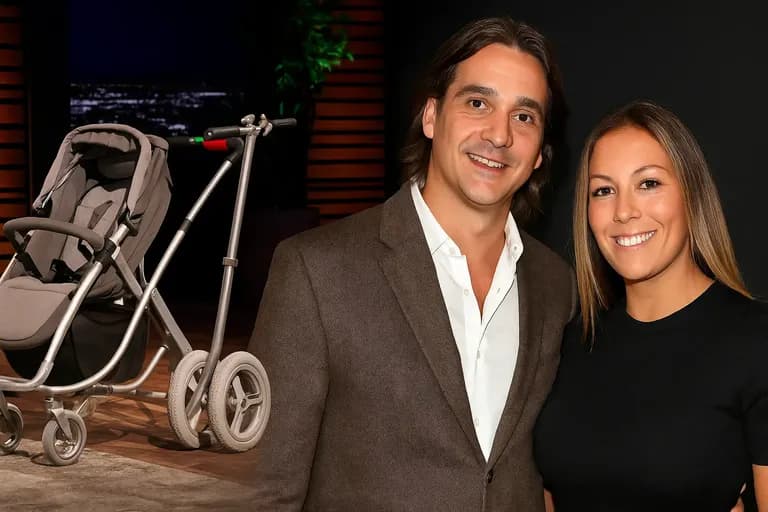 Image of Elliptical Stroller prototype alongside founder Pier Paolo Visconti from Shark Tank Season 9.