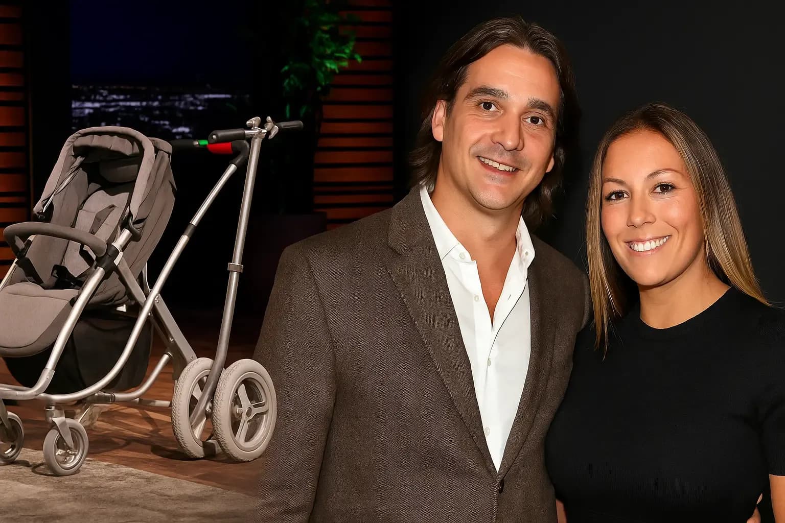 Image of Elliptical Stroller prototype alongside founder Pier Paolo Visconti from Shark Tank Season 9.