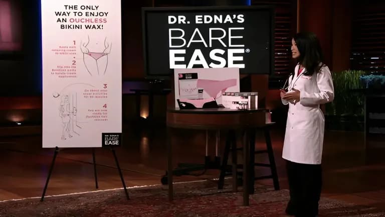 Dr. Edna Ma presenting BareEASE numbing kit on Shark Tank USA wearing a white medical coat