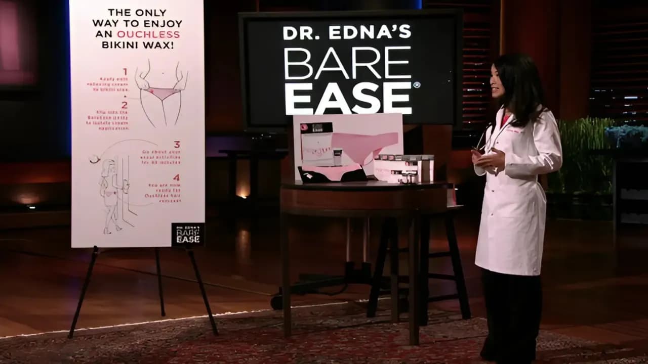 Dr. Edna Ma presenting BareEASE numbing kit on Shark Tank USA wearing a white medical coat