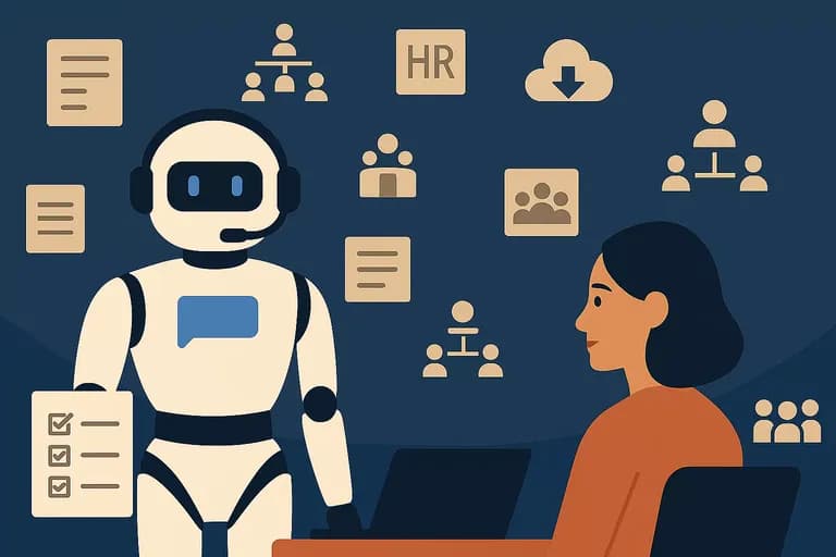 Illustration of a robot AI assistant helping HR professionals automate employee support tasks in 2025