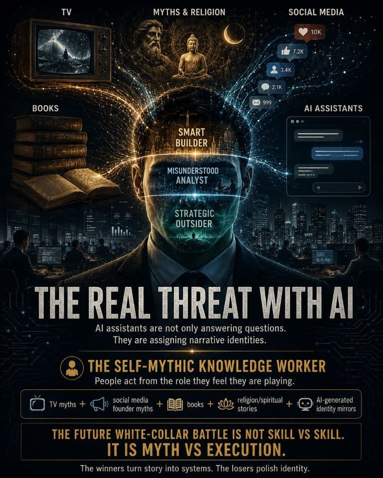 Split-face concept art titled "The Real Threat With AI" showing a knowledge worker labelled Smart Builder, Misunderstood Analyst and Strategic Outsider, fed by TV, myths, social media, books and AI assistants.