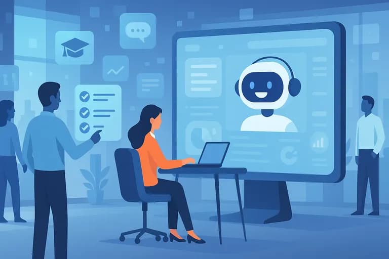 Illustration of an AI virtual assistant onboarding a new employee in a modern office using digital tools, checklists, and analytics in 2025.
