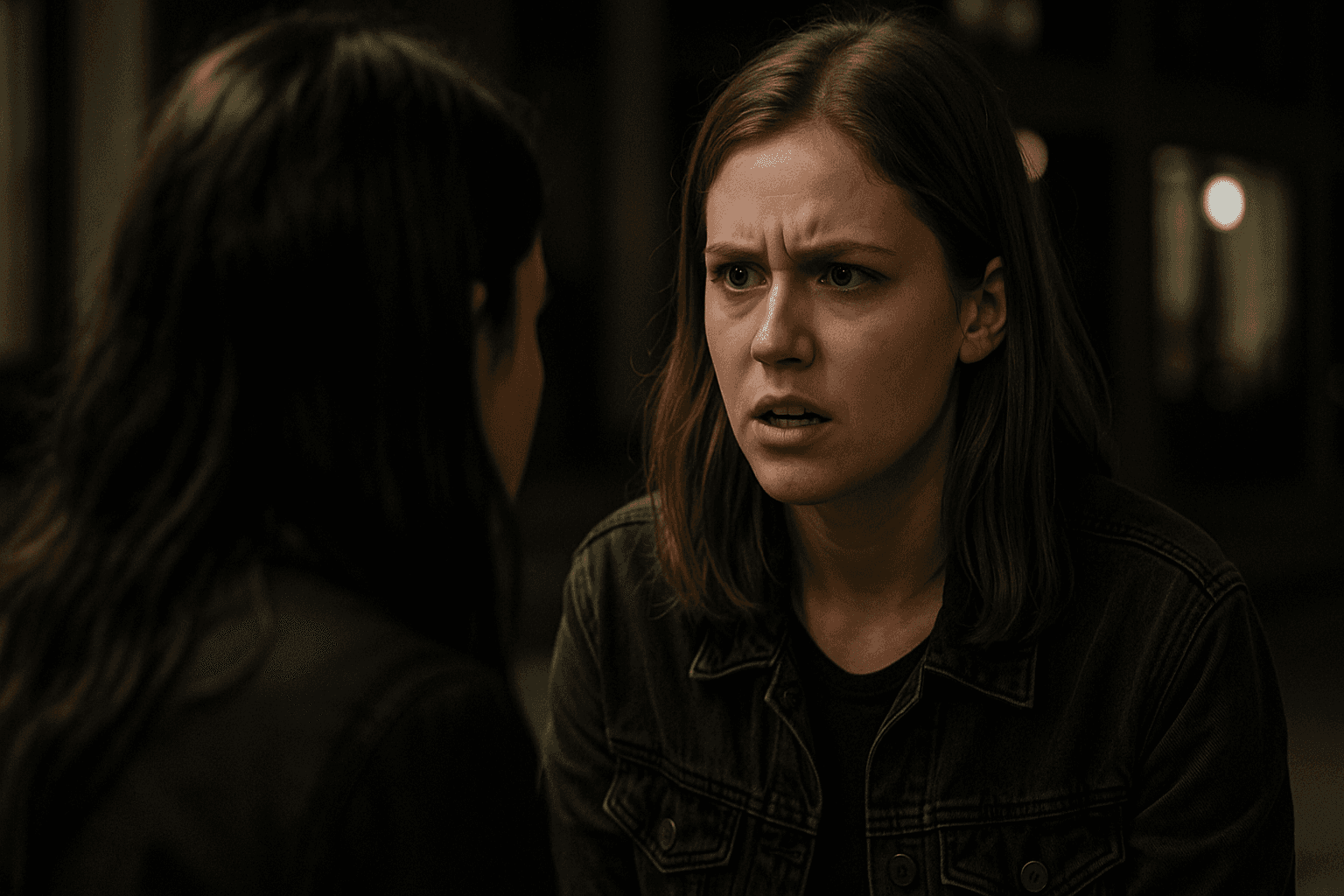 wo young women arguing outside a bar at night, showing tension in their friendship.