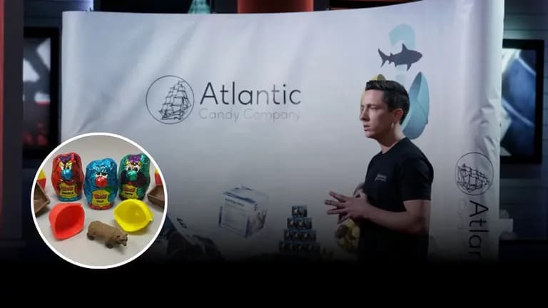 Jared Whetstone at Atlantic Candy Company Shark Tank booth with Toy Box chocolate toys