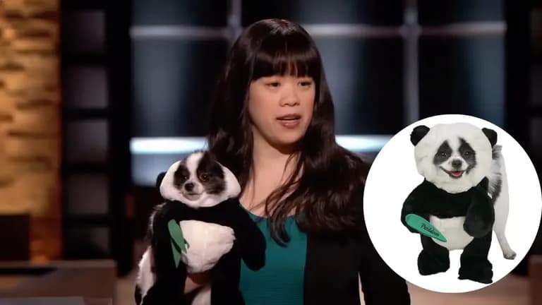 “Eugenia Chen presenting Pandaloon’s panda dog costume on Shark Tank, holding her Pomeranian in costume, with product images showing the brand’s expanded line.”