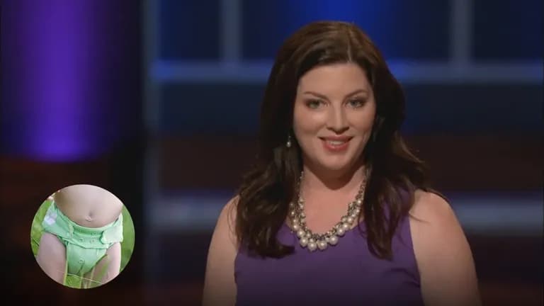 Tereson Dupuy pitching FuzziBunz cloth diapers on Shark Tank with a product insert shown