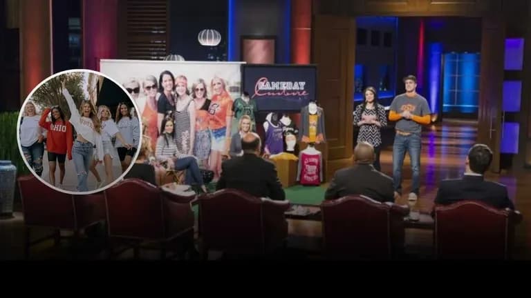 Gameday Couture founders pitch collegiate fashion apparel on Shark Tank with mannequins and marketing visuals