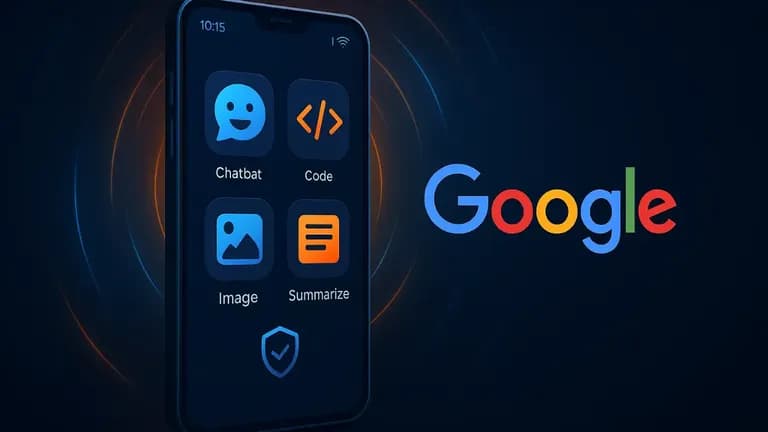 Smartphone screen showing Google's AI Edge app features like chat, code, image generation, and summarization, with Google logo on dark background.