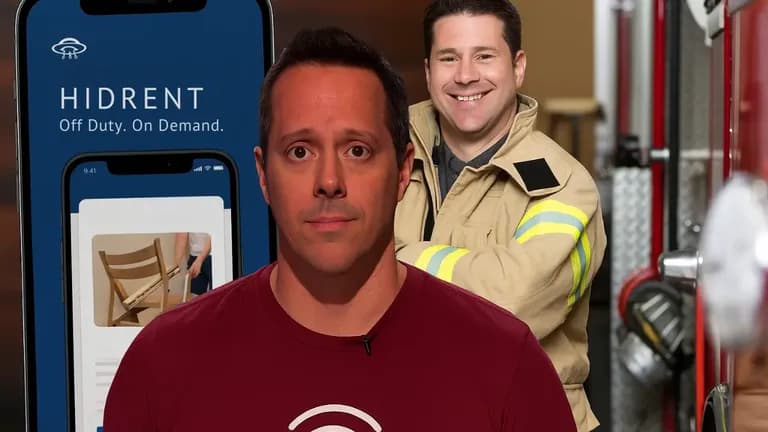 Hidrent founder with firefighter showcasing the app on Shark Tank, symbolizing the brand’s $8.5M net worth in 2025