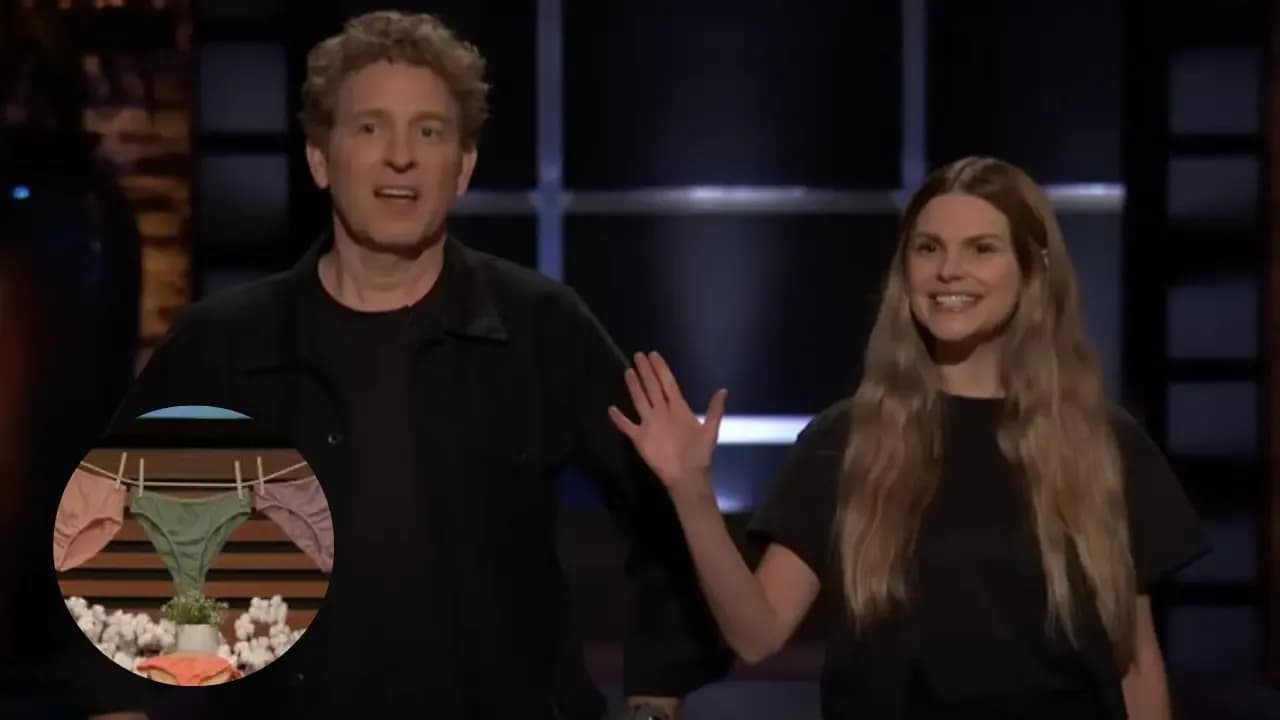 Stacy and Jeff Grace presenting KENT compostable underwear on Shark Tank with a close-up of the product display.