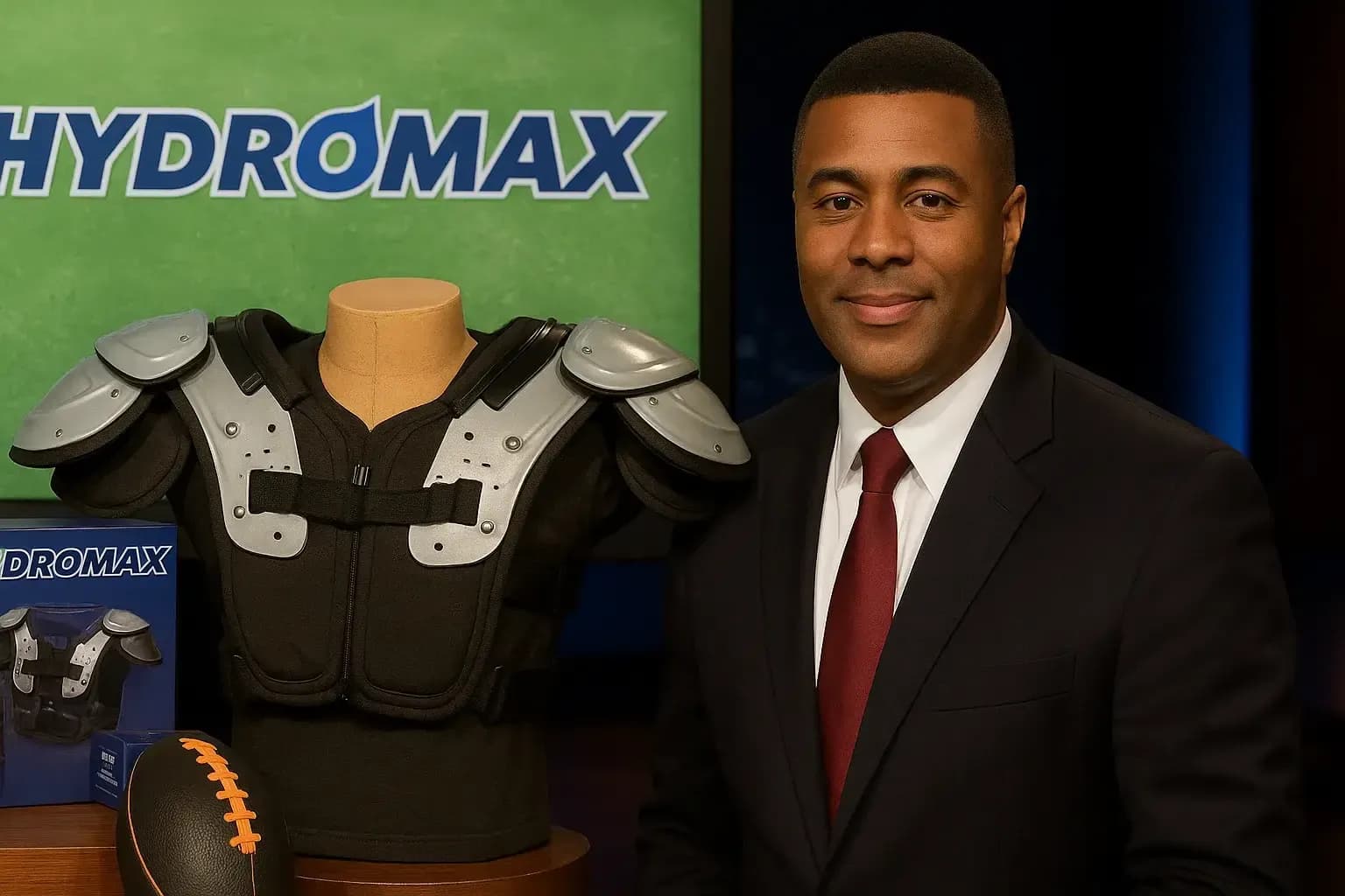 Hydromax founder standing beside hydration shoulder pads and product packaging from Shark Tank pitch