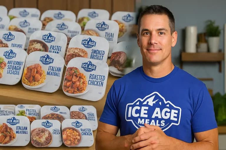 Alt Text: Ice Age Meals founder Nick Massie with a display of paleo frozen meals featured on Shark Tank