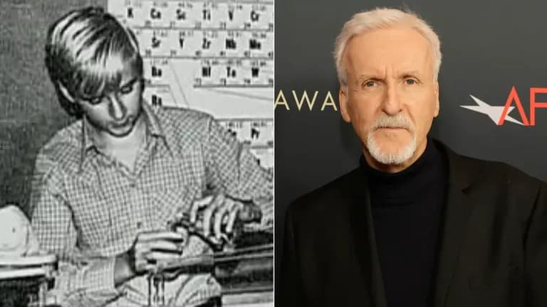 Young James Cameron building a model next to a photo of present-day Cameron at a red carpet event, reflecting his lifelong passion for science fiction and innovation.