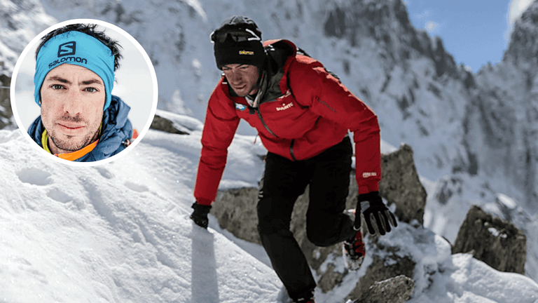Kilian Jornet climbing snowy mountain slopes during his Everest ascent in 2017, showing his minimalist no-oxygen mountaineering style.