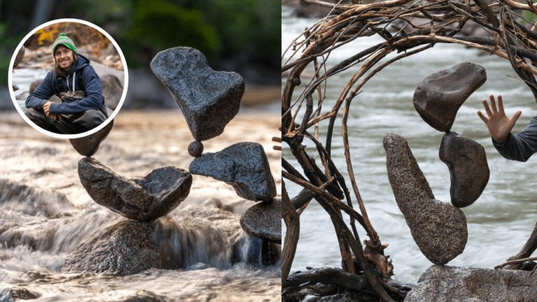 Michael Grab also known as Gravity Glue balancing impossible rock sculptures by a river without glue or supports