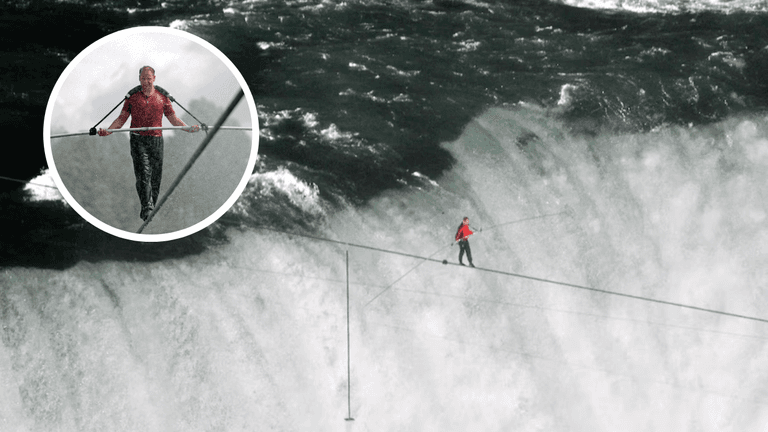 Nik Wallenda walking on a tightrope over Niagara Falls during his live 2012 stunt without a safety net