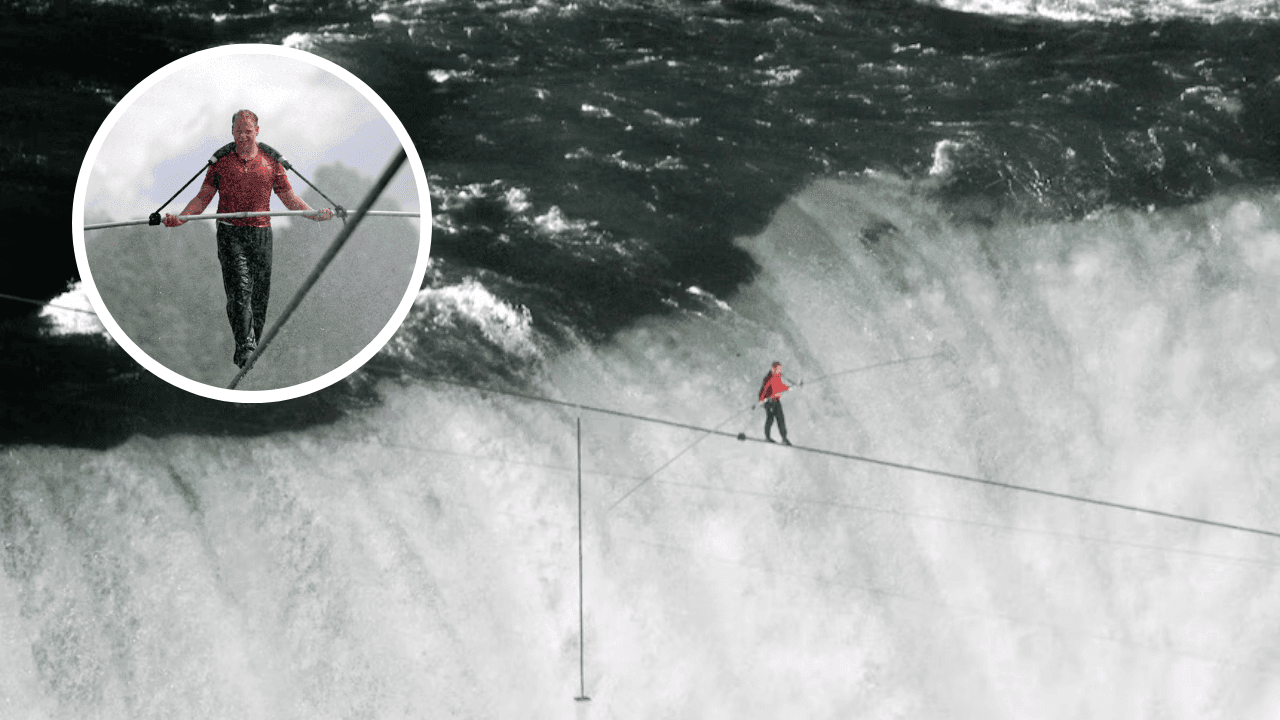 Nik Wallenda walking on a tightrope over Niagara Falls during his live 2012 stunt without a safety net