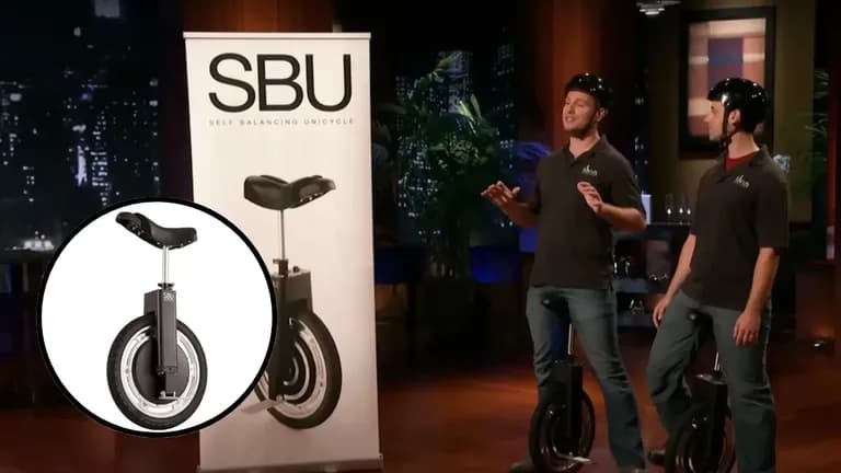Entrepreneurs presenting the SBU Self-Balancing Unicycle on Shark Tank with product banner and prototype in use.