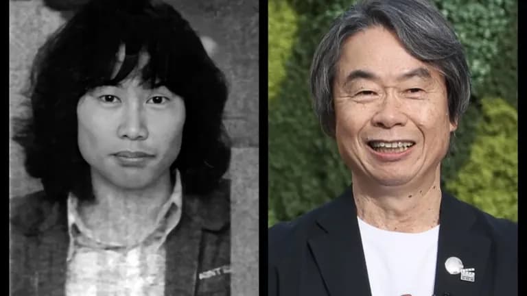Side-by-side image of young and older Shigeru Miyamoto showing his transformation from a curious designer to gaming legend
