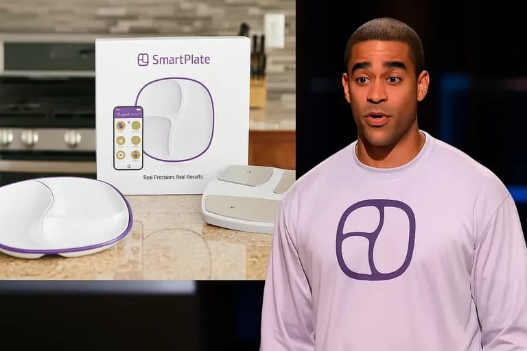 SmartPlate device and founder Anthony Ortiz during Shark Tank pitch and product showcase in a modern kitchen setting