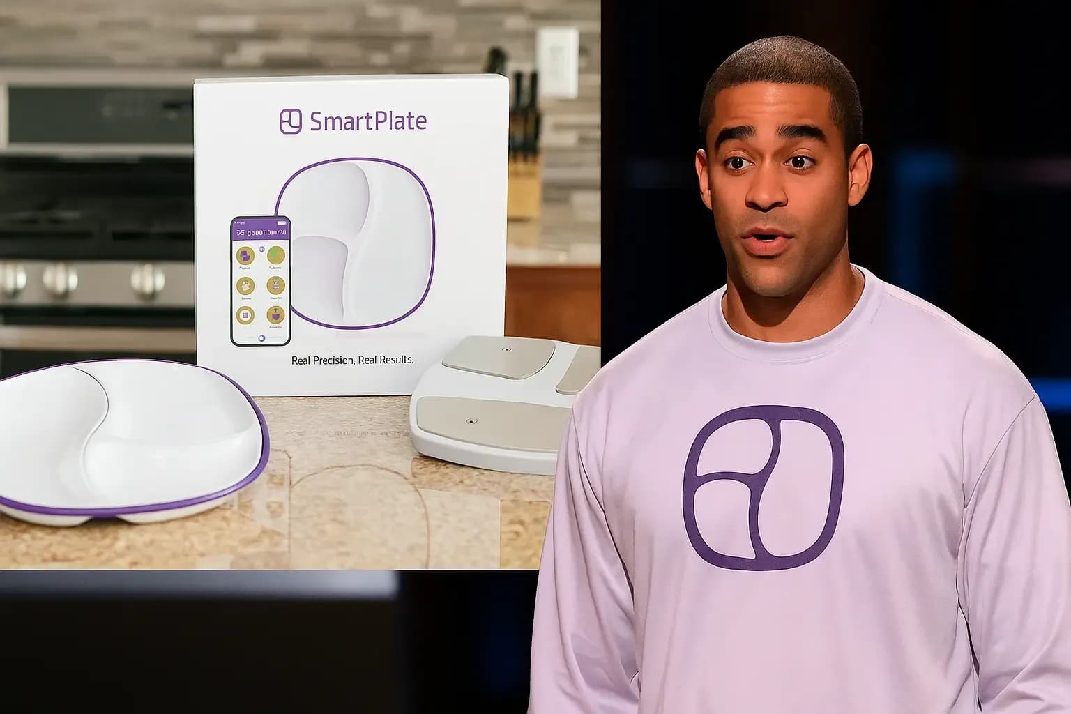 SmartPlate device and founder Anthony Ortiz during Shark Tank pitch and product showcase in a modern kitchen setting