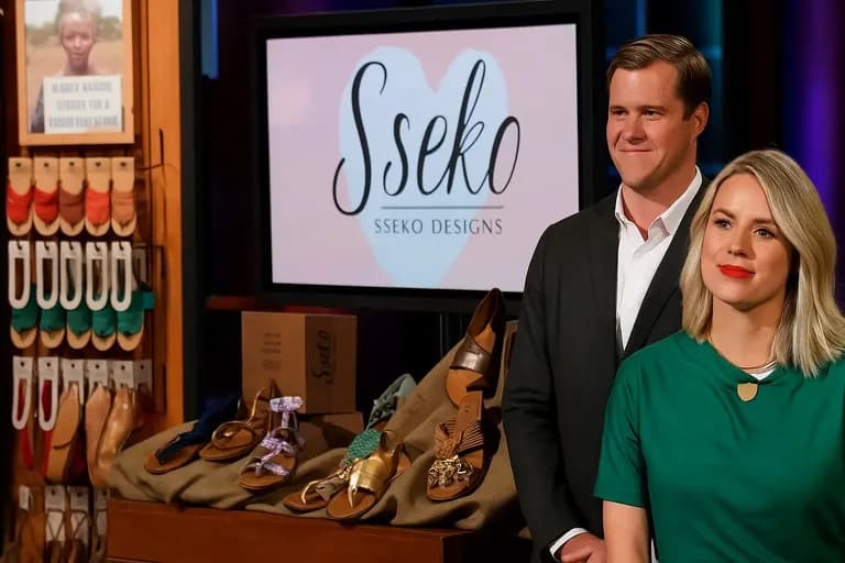 Founders of Sseko Designs on Shark Tank with handcrafted sandals and product display