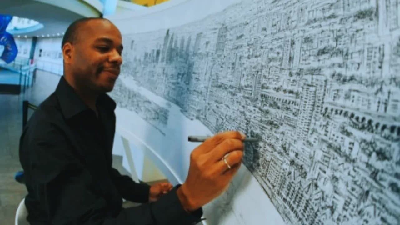 Stephen Wiltshire drawing a detailed London cityscape from memory after a 20-minute helicopter ride