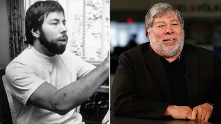 Side-by-side photos of Steve Wozniak as a young man working on electronics and as an older man smiling during an interview