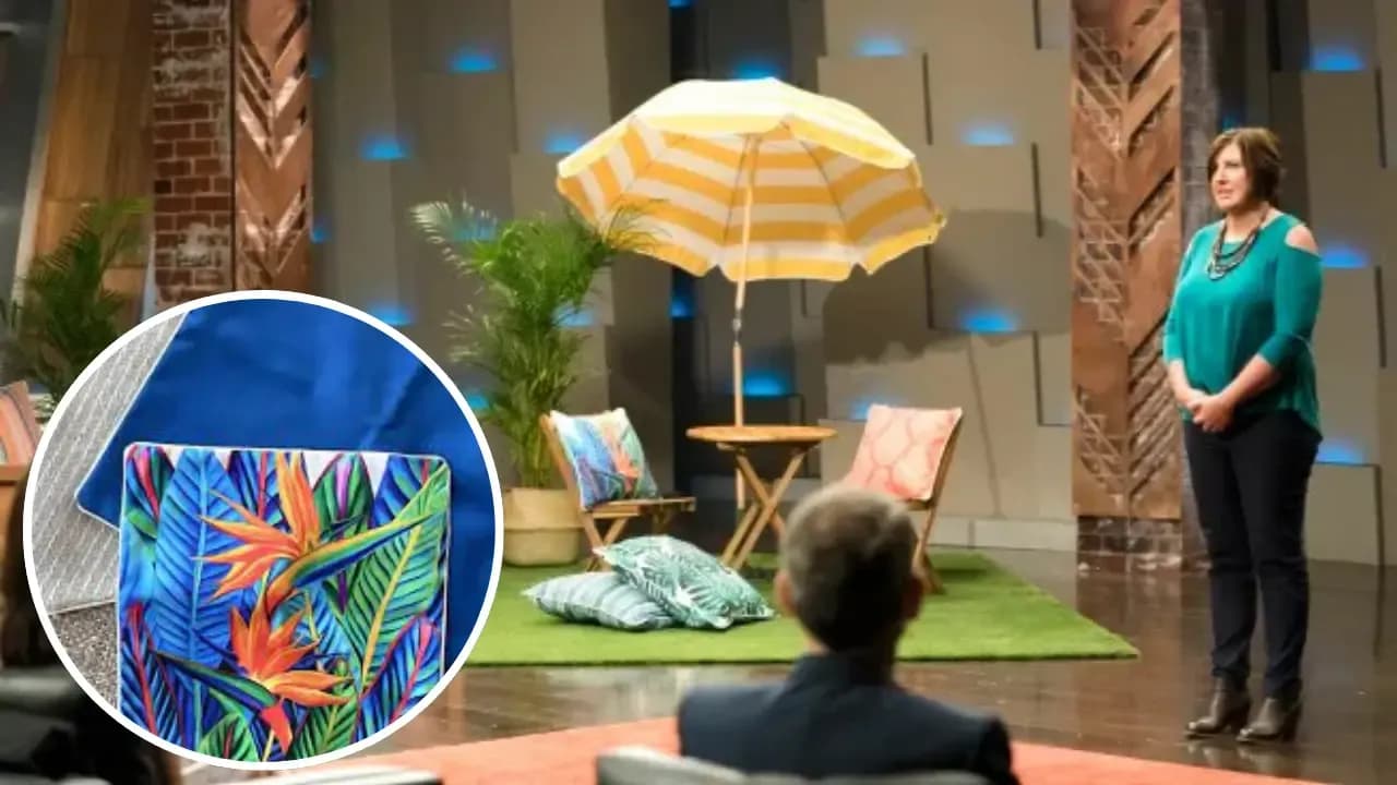 Tanya Wood pitching Sunburst Outdoor Living cushions on Shark Tank Australia set