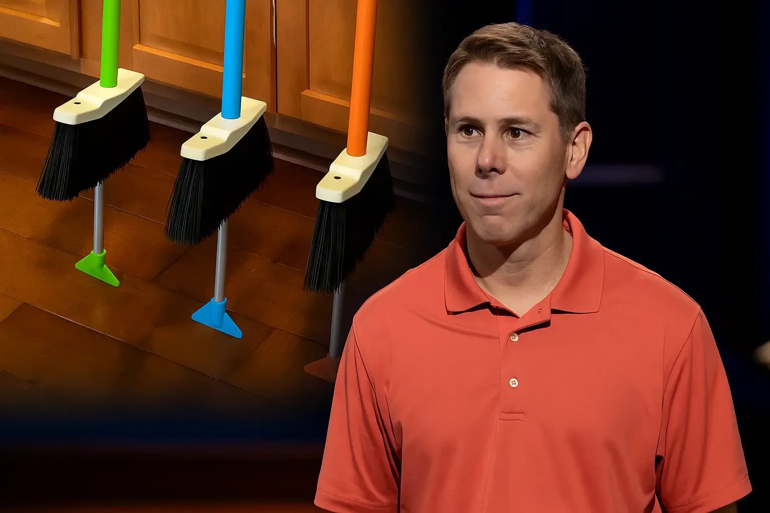 Sweep Easy founder Shane Pannell holding the product alongside SweepEasy 2.0 broom variations