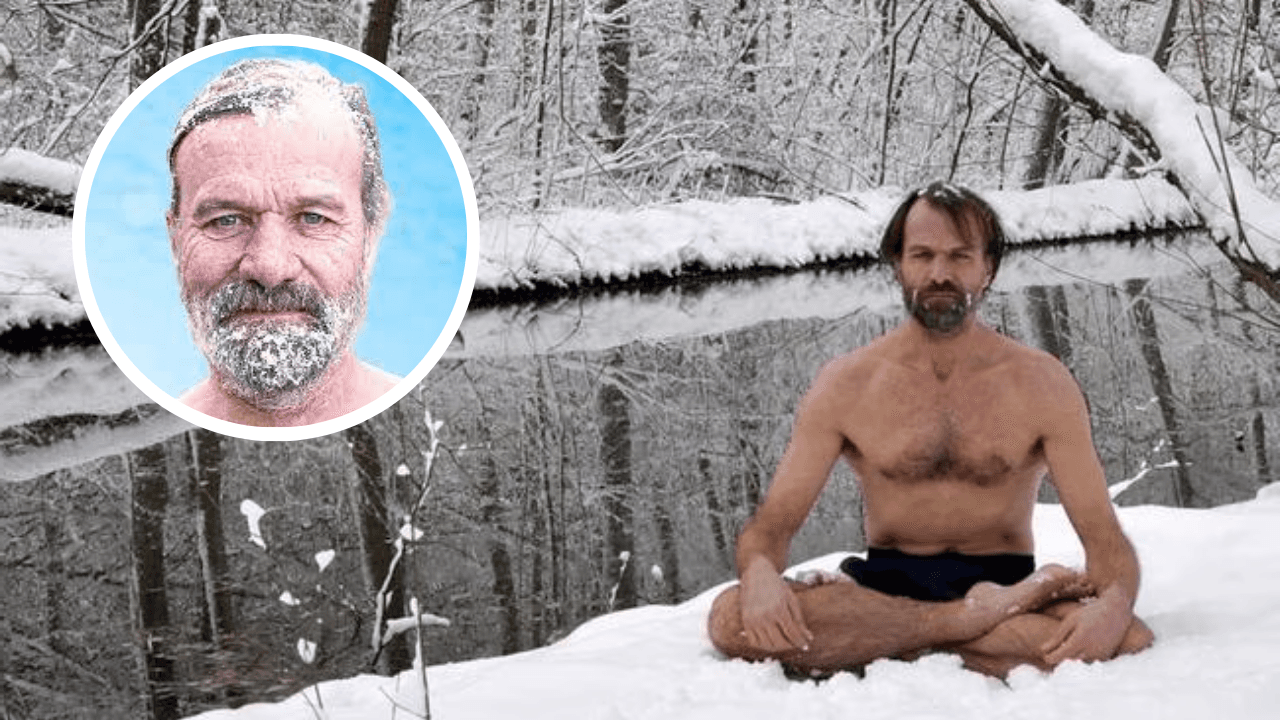 Wim Hof, known as The Iceman, sits shirtless in a snowy forest practicing deep breathing meditation beside an icy river.