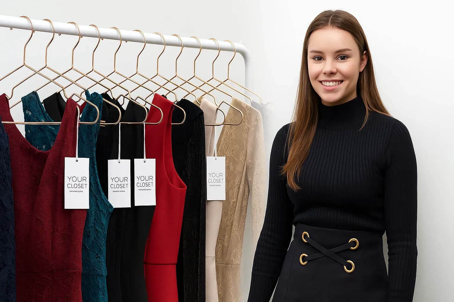 Founder of Your Closet standing beside a designer dress rack featured on Shark Tank Australia
