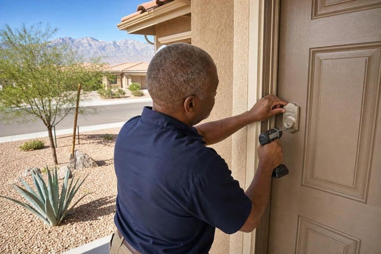 Smart-lock installation on a Las Vegas home in desert heat