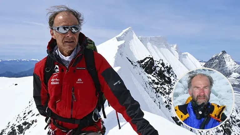 Sir Ranulph Fiennes in red mountaineering gear on a snowy ridge, with an inset polar portrait.