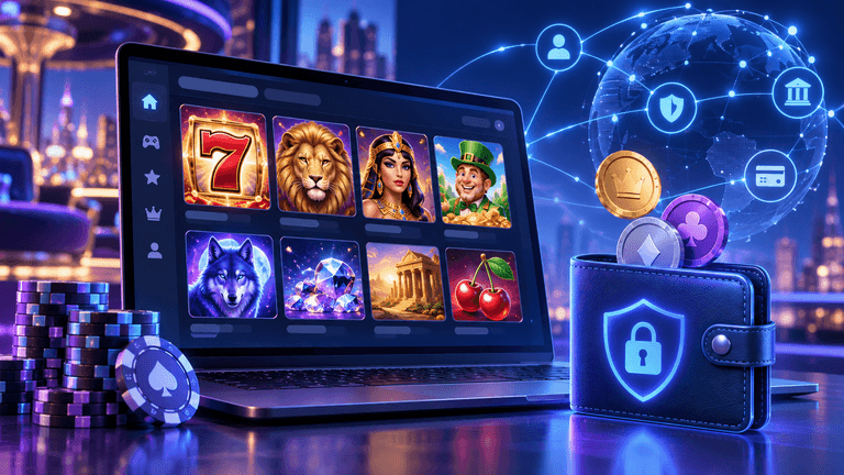 Sweepstakes casino game lobby with a secure digital wallet and connected account controls
