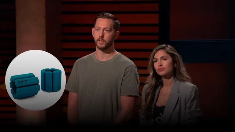 Founders of Bala Bangles pitching on Shark Tank with a product image of their wearable wrist and ankle weights